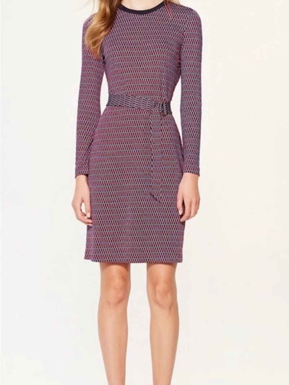 Tory Burch Sz S Long-Sleeve Red Navy Patterned Belted Sheath Dress NO Belt